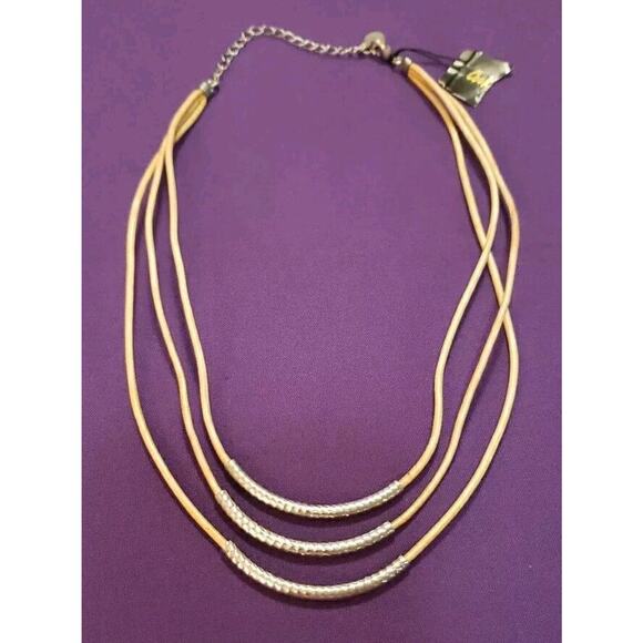 Cookie Lee Signed Layered Necklace Coated Tan Cord Silver Tone Curved Bars - Picture 1 of 8